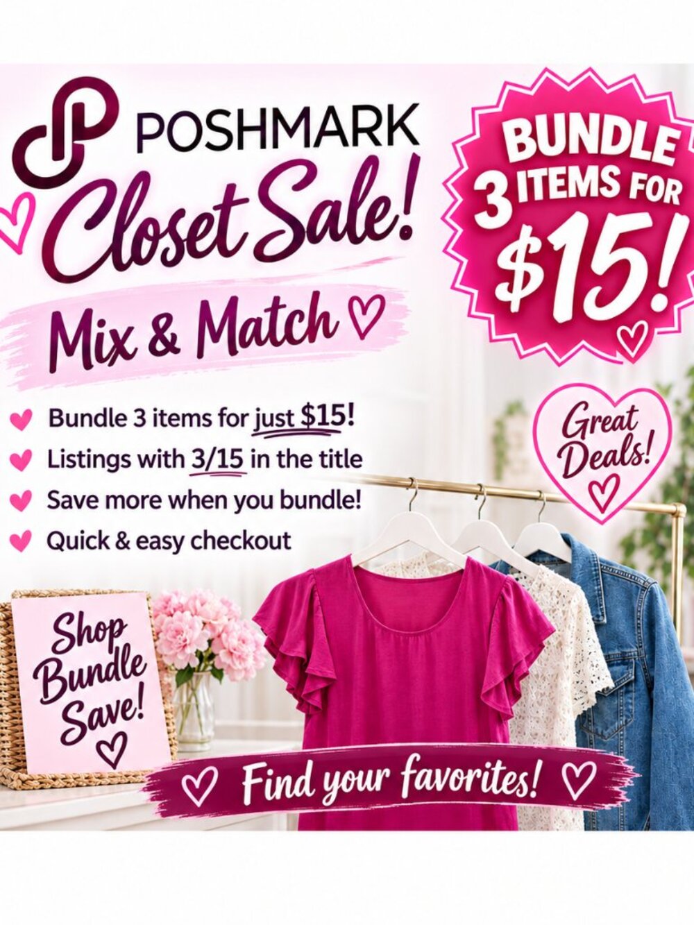 Bundle 3 items for $15 eligible items will be marked 3/15 in title